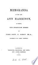 Memoranda of the late Ann Harrison, with intr. remarks by T. Best